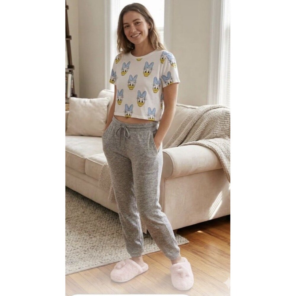 Disney Daisy Duck Crop Lounge Top Blue Yellow White Women's M Short Sleeve